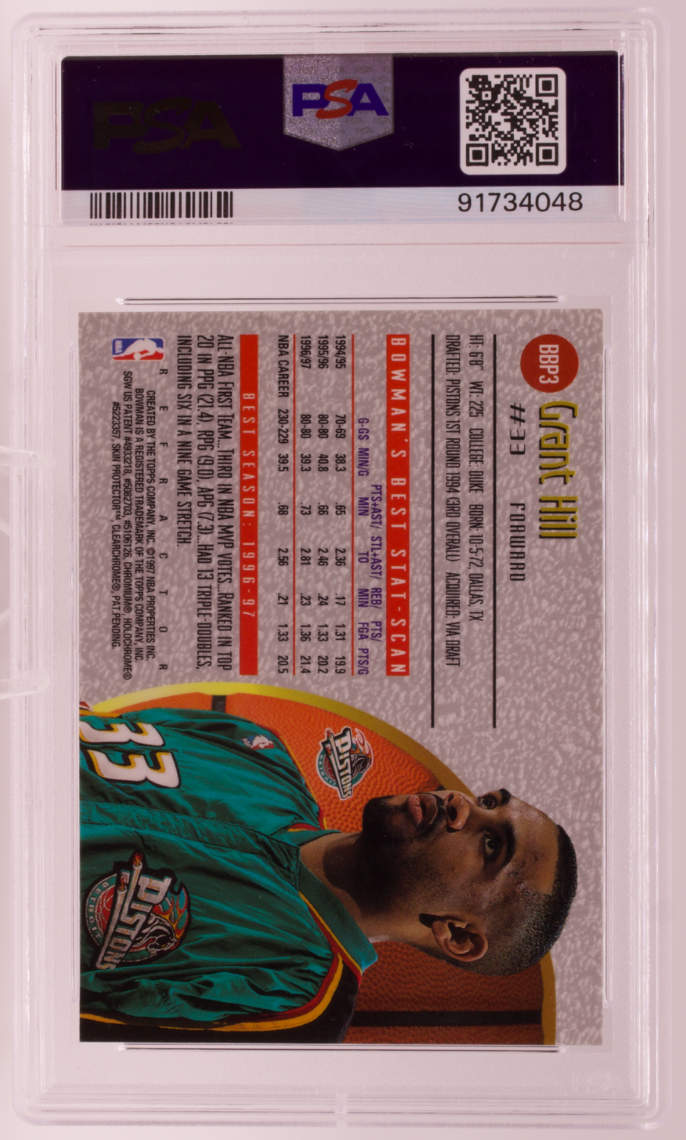 1997 Bowman's Best Grant Hill Preview Refractor #BBP3 PSA 5 EX Pistons Duke HOF