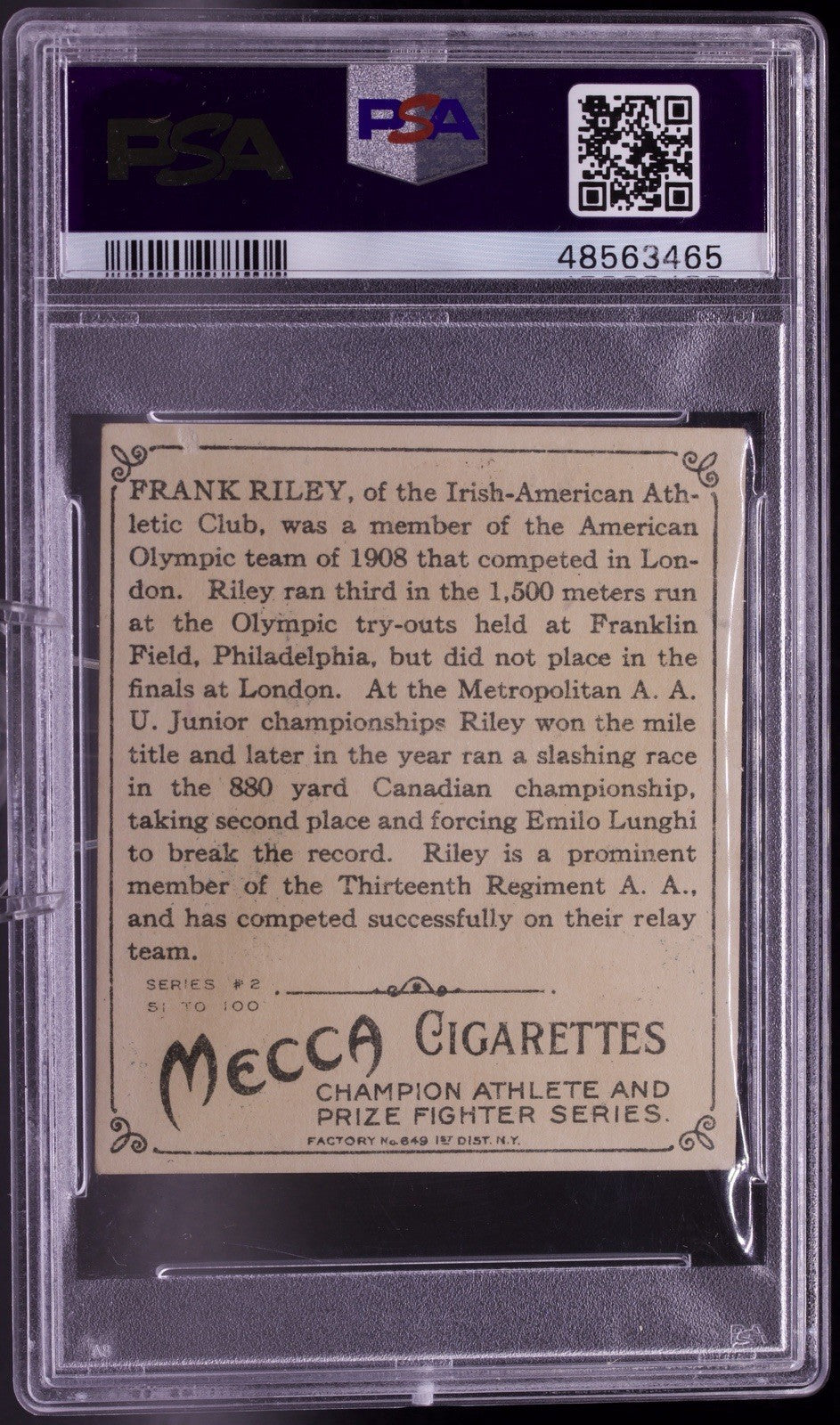 1910 T218 Mecca Cigarettes Frank Riley (Athlete) - PSA 5.5 EX+