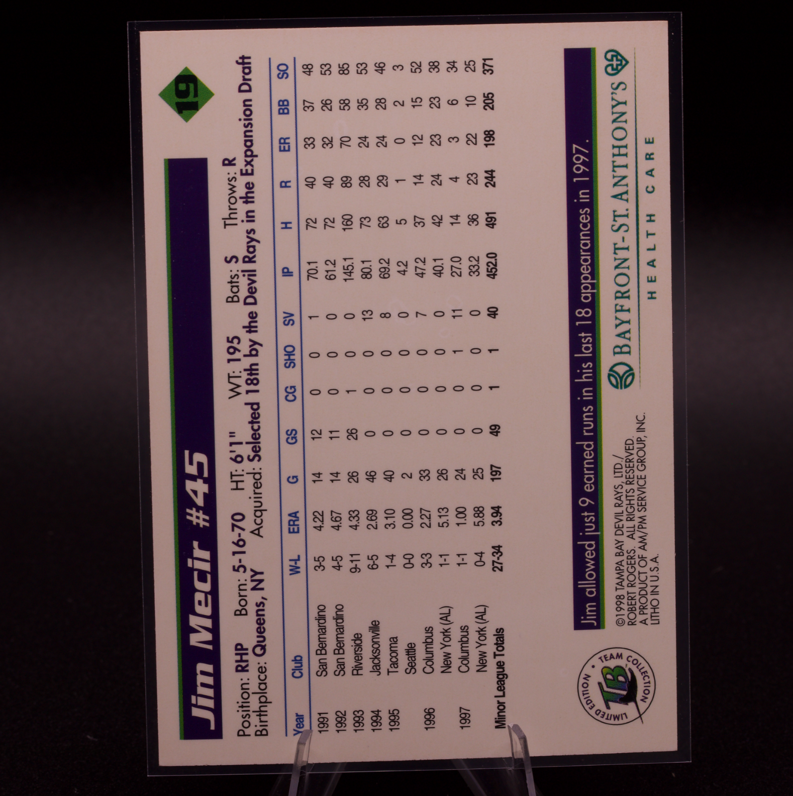 1998 Tampa Bay Devil Rays Team Issue Jim Mecir #19 Inaugural Season Card