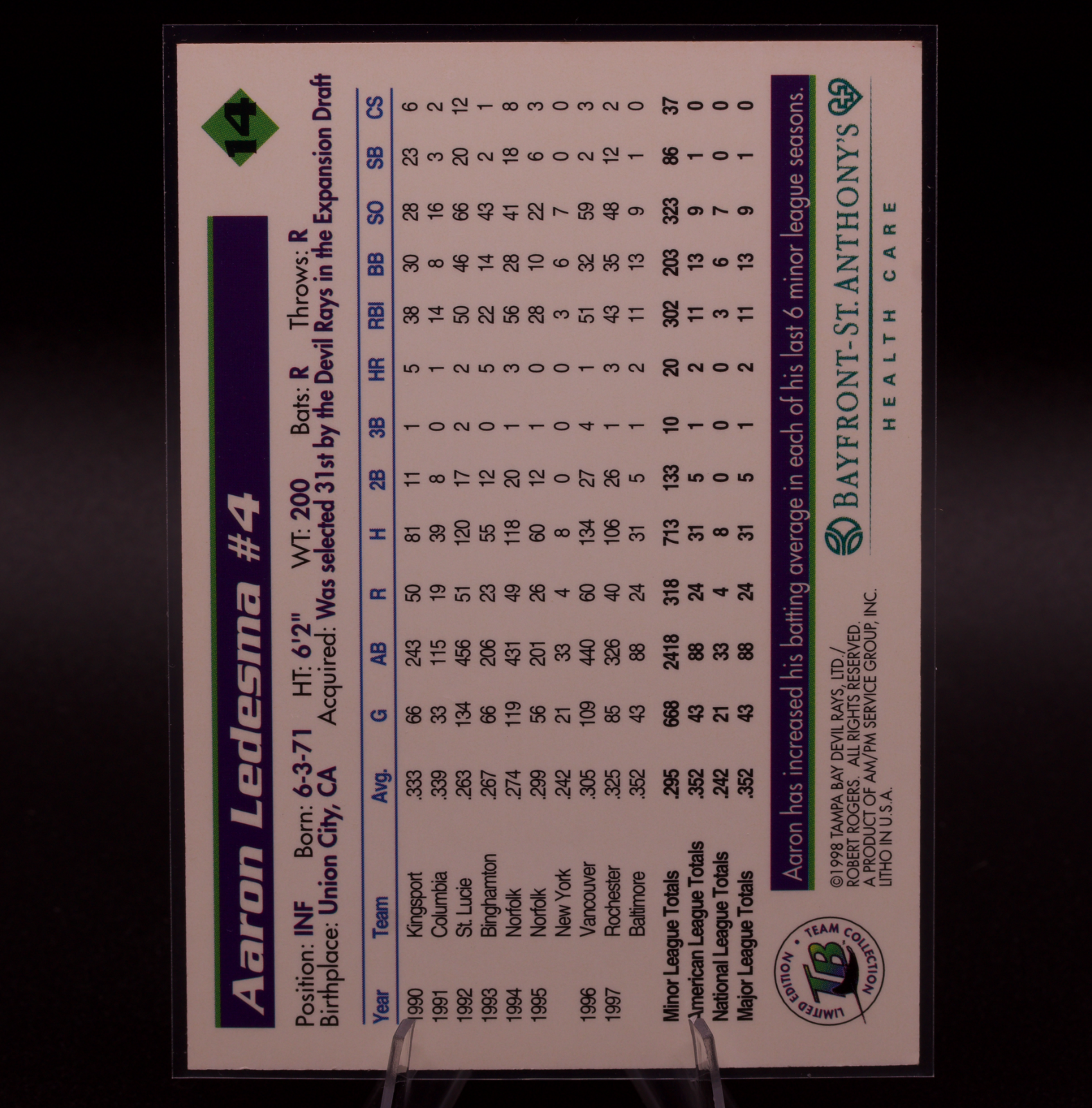 1998 Tampa Bay Devil Rays Team Issue #14 Aaron Ledesma Inaugural Season Card