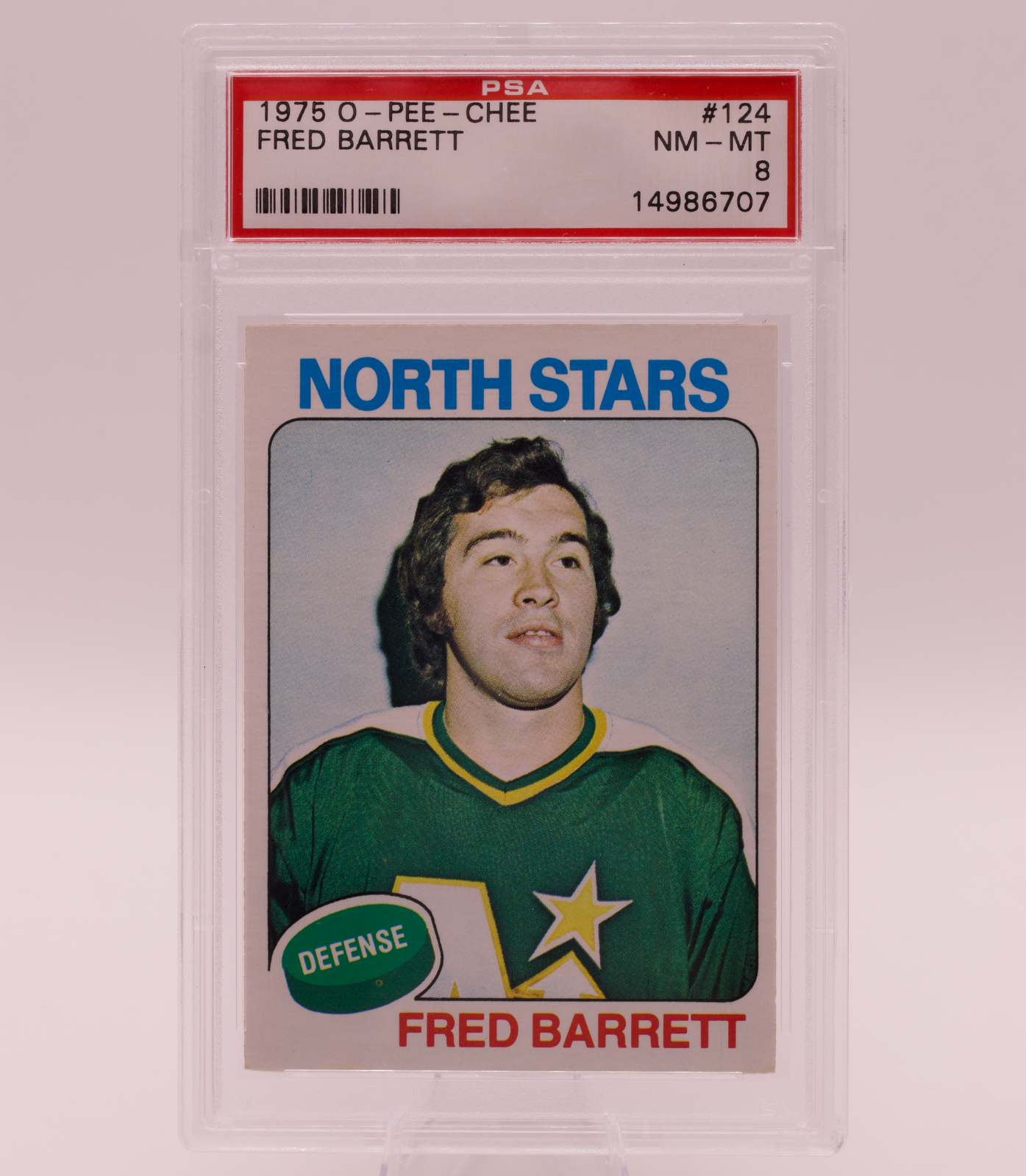 1975 O-Pee-Chee #124 Fred Barrett PSA 8 NM-MT Minnesota North Stars Defense