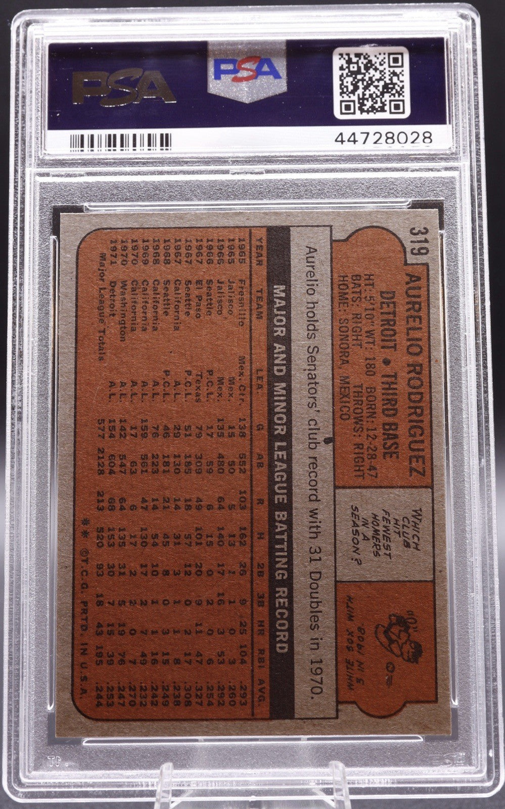 1972 Topps #319 Aurelio Rodriguez Tigers RC PSA 10 GEM MT Rookie