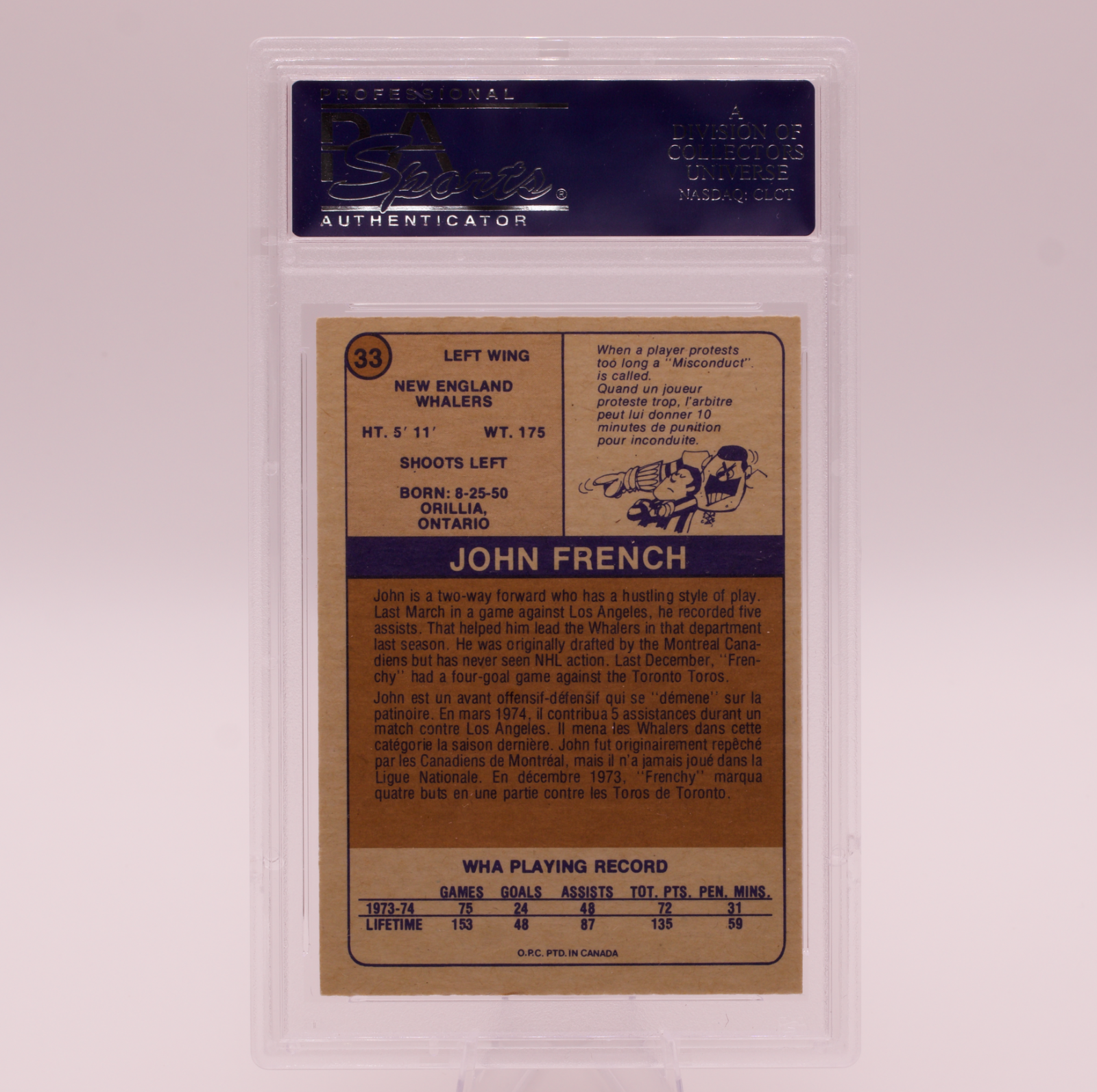 1974 O-Pee-Chee WHA John French #33 PSA 9 (OC) MINT New England Whalers Hockey