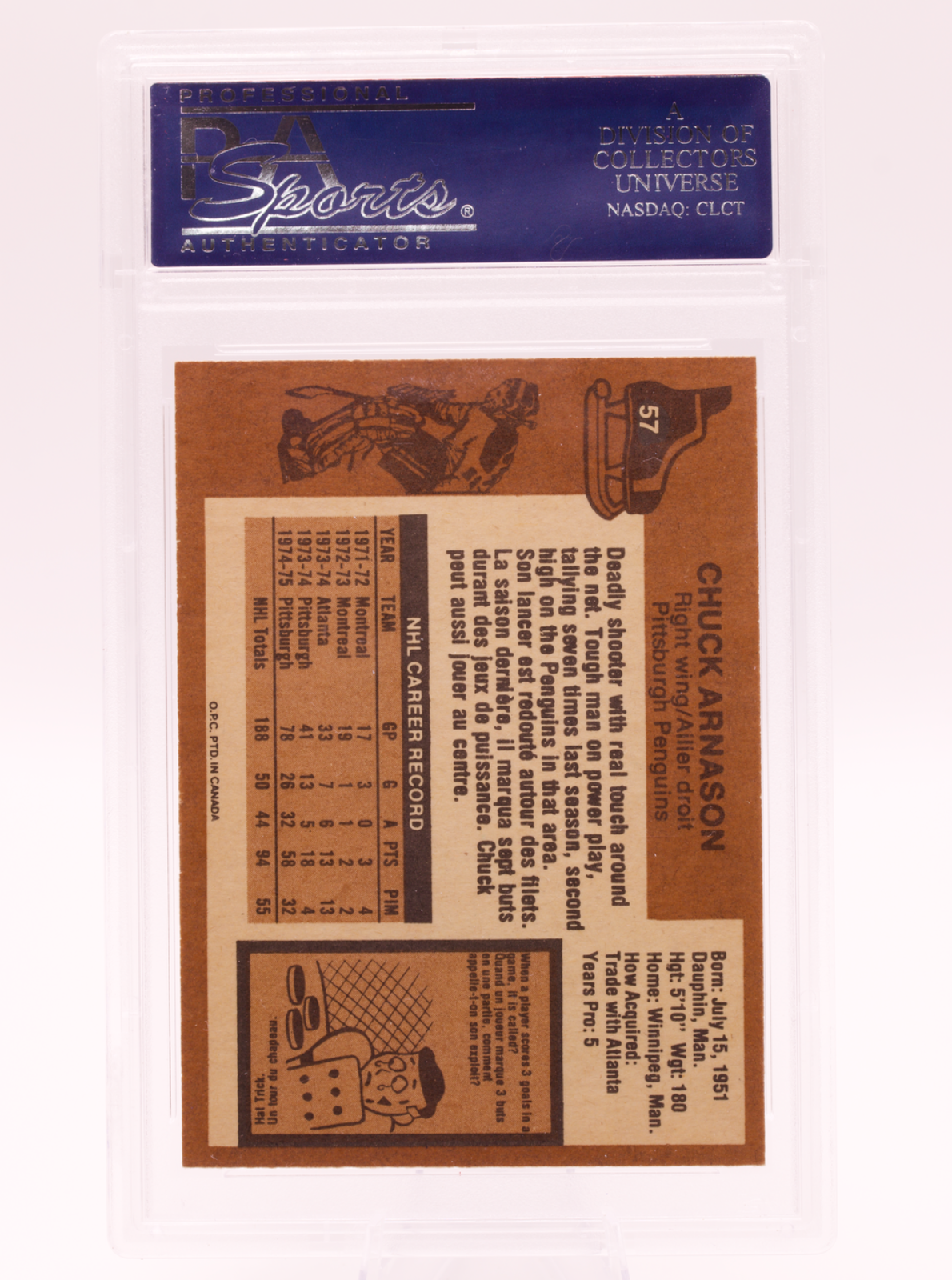 1975 O-Pee-Chee #57 Chuck Arnason PSA 8 NM-MT Pittsburgh Penguins OPC Hockey