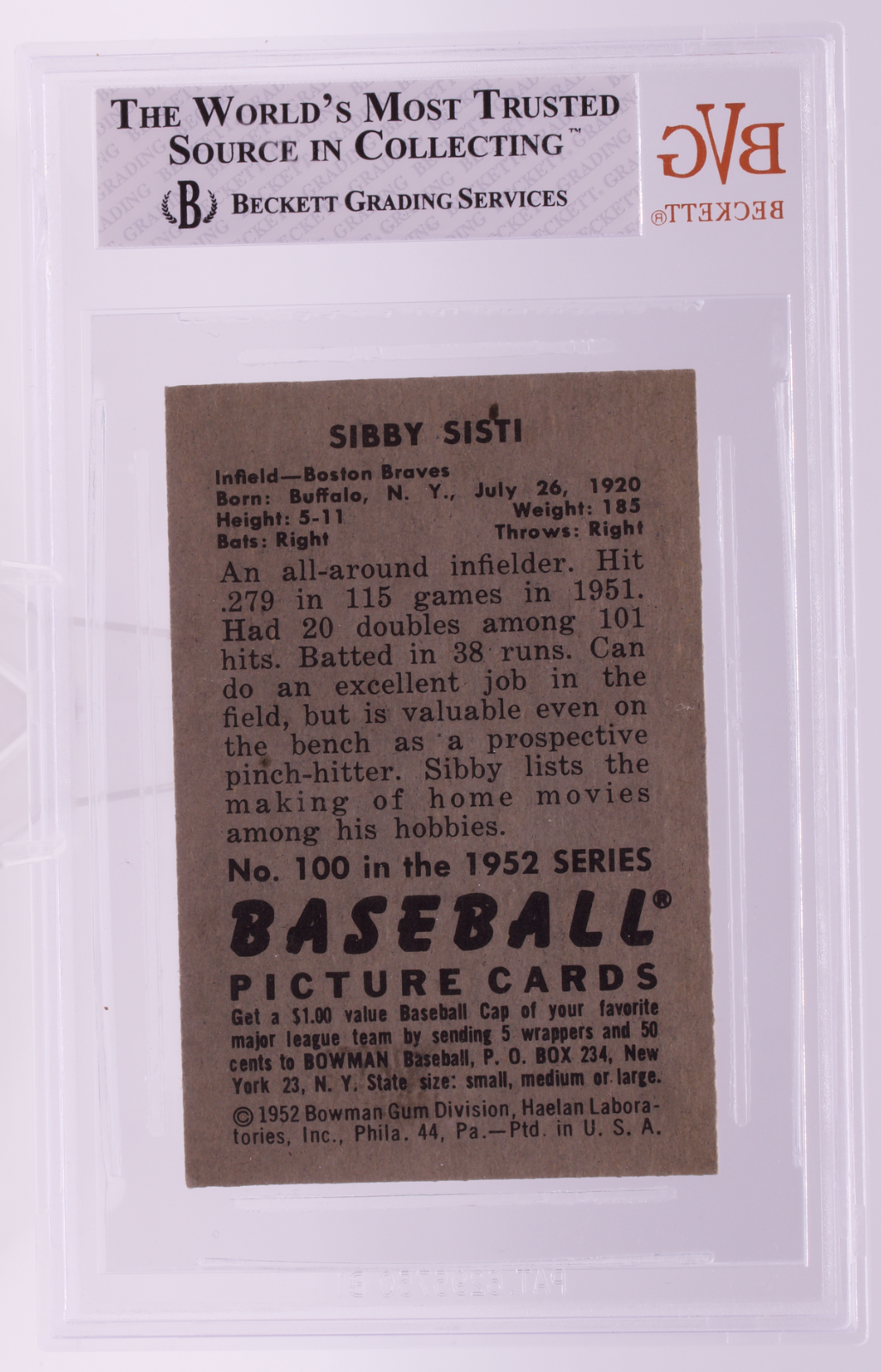 1952 Bowman Sibby Sisti #100 BVG 8 NM-MT Boston Braves The Natural Actor