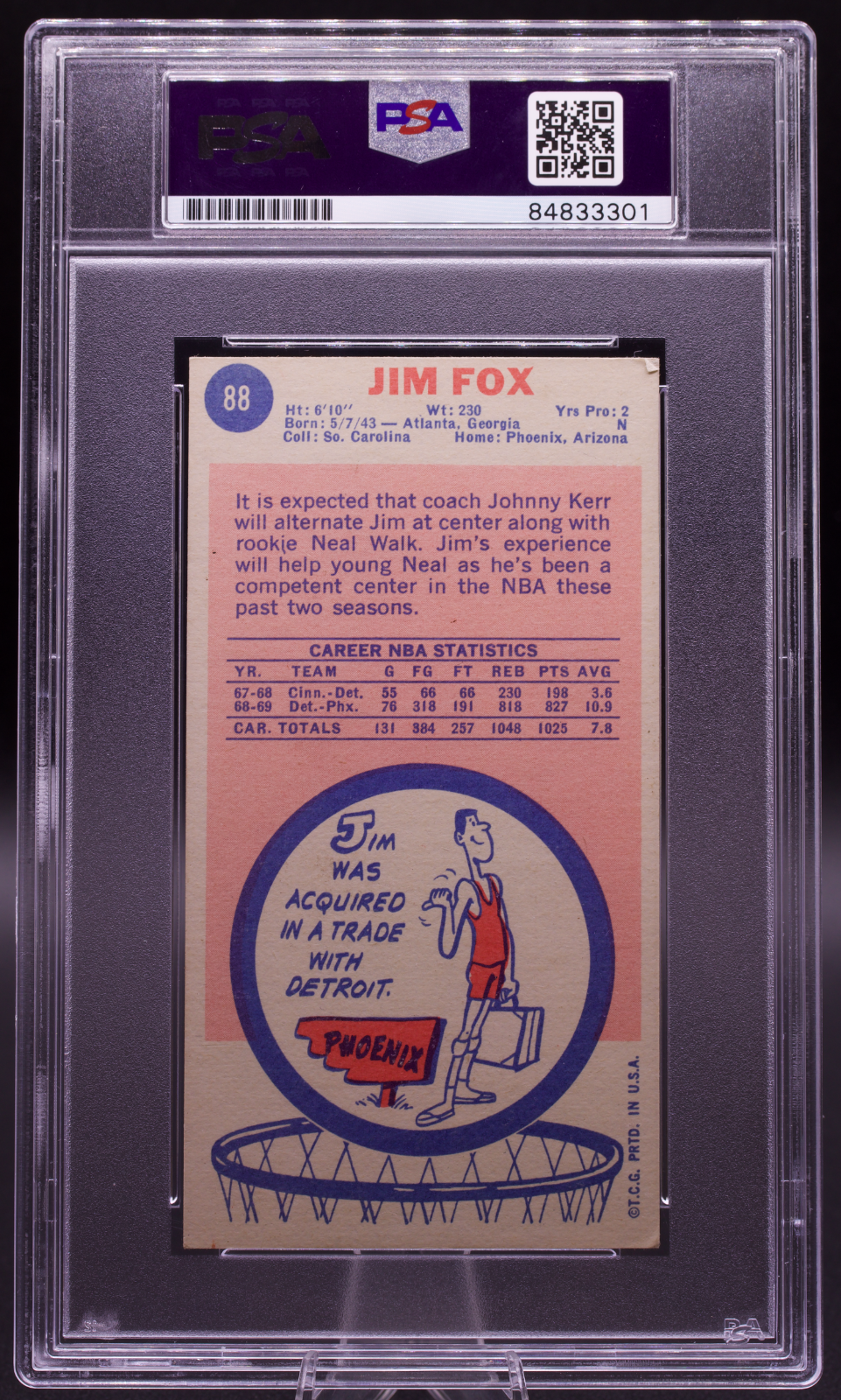 1969 Topps Jim Fox #88 PSA Authentic Auto Signed Phoenix Suns Tallboy Vintage