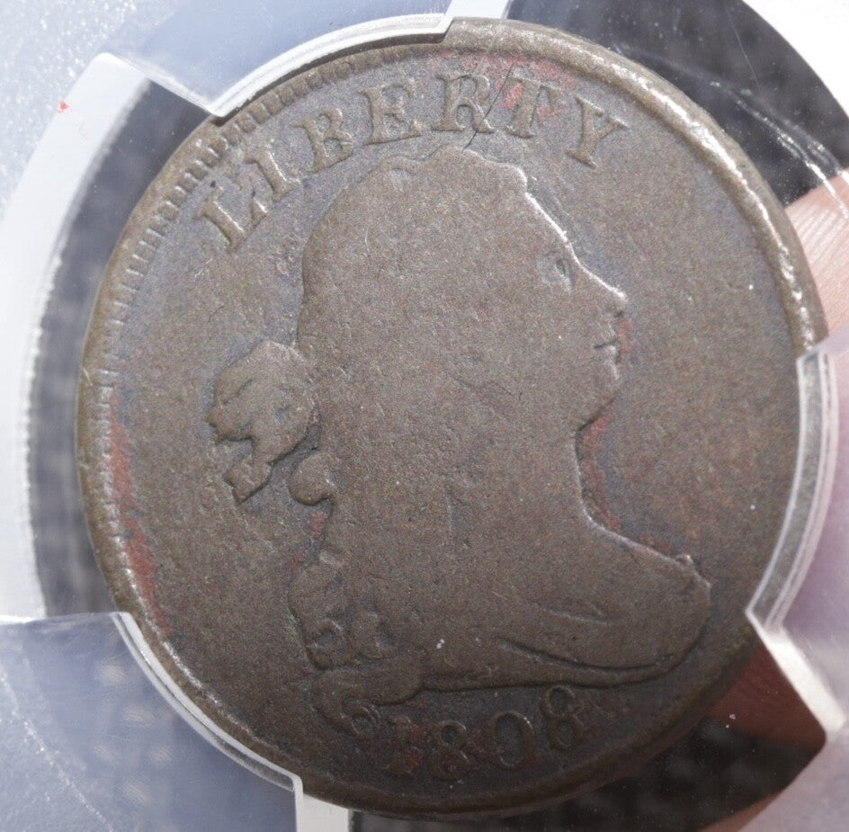 1808 Draped Bust Half Cent PCGS VG Details – Env. Damage – Rotated Dies C-3