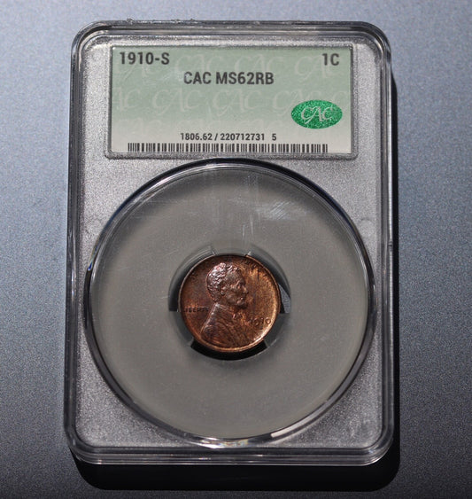 1910-S Lincoln Wheat Cent 1C CAC MS62 RB Better Date Low Mintage