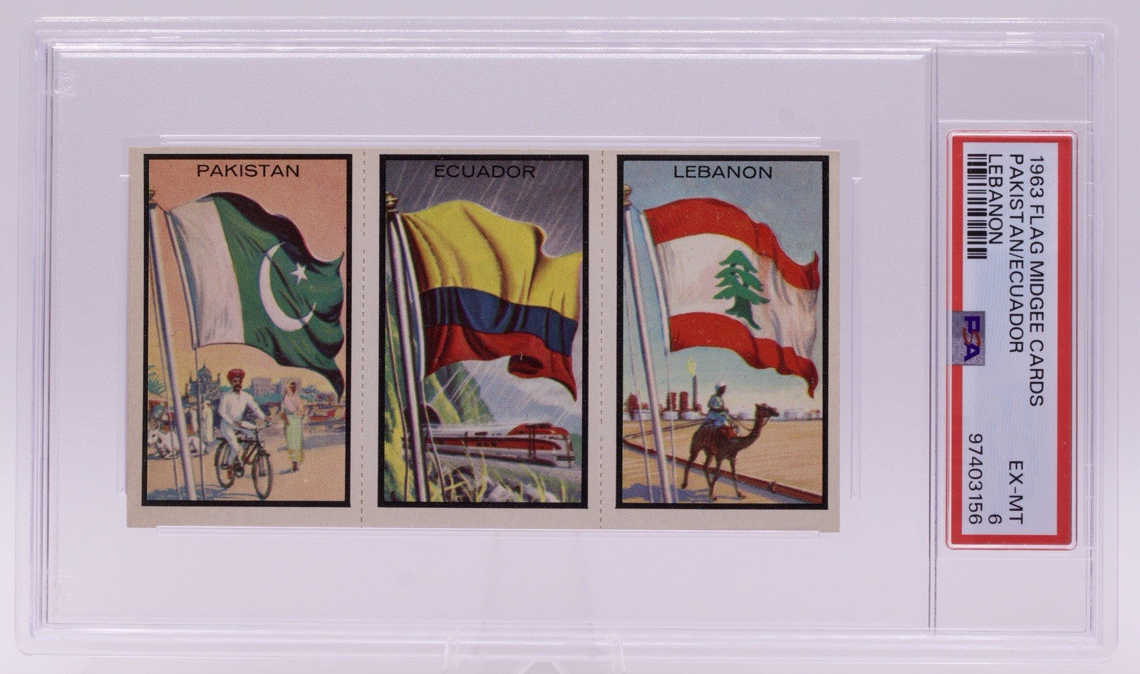 1963 Flag Midgee Cards Pakistan Ecuador Lebanon PSA EX-MT 6 Vintage Strip