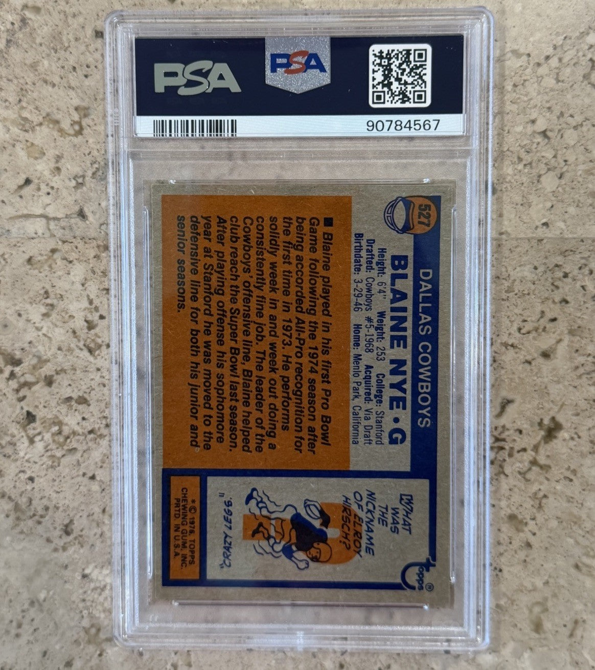 1976 Topps Blaine Nye #527 PSA 8 NM-MT Dallas Cowboys Guard Stanford Football