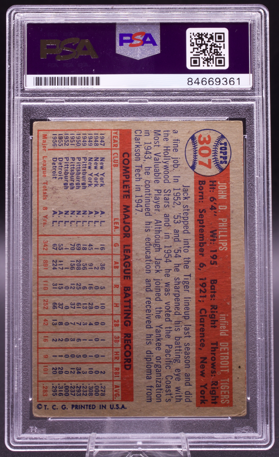 1957 Topps Jack Phillips #307 PSA Authentic Auto Signed Detroit Tigers Vintage