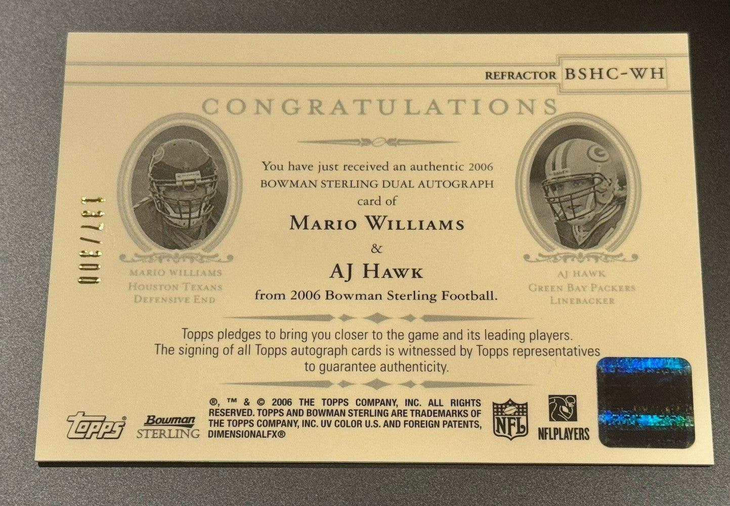 2006 Bowman Sterling Dual Auto /300 AJ Hawk & Mario Williams RC • Refractor SSP
