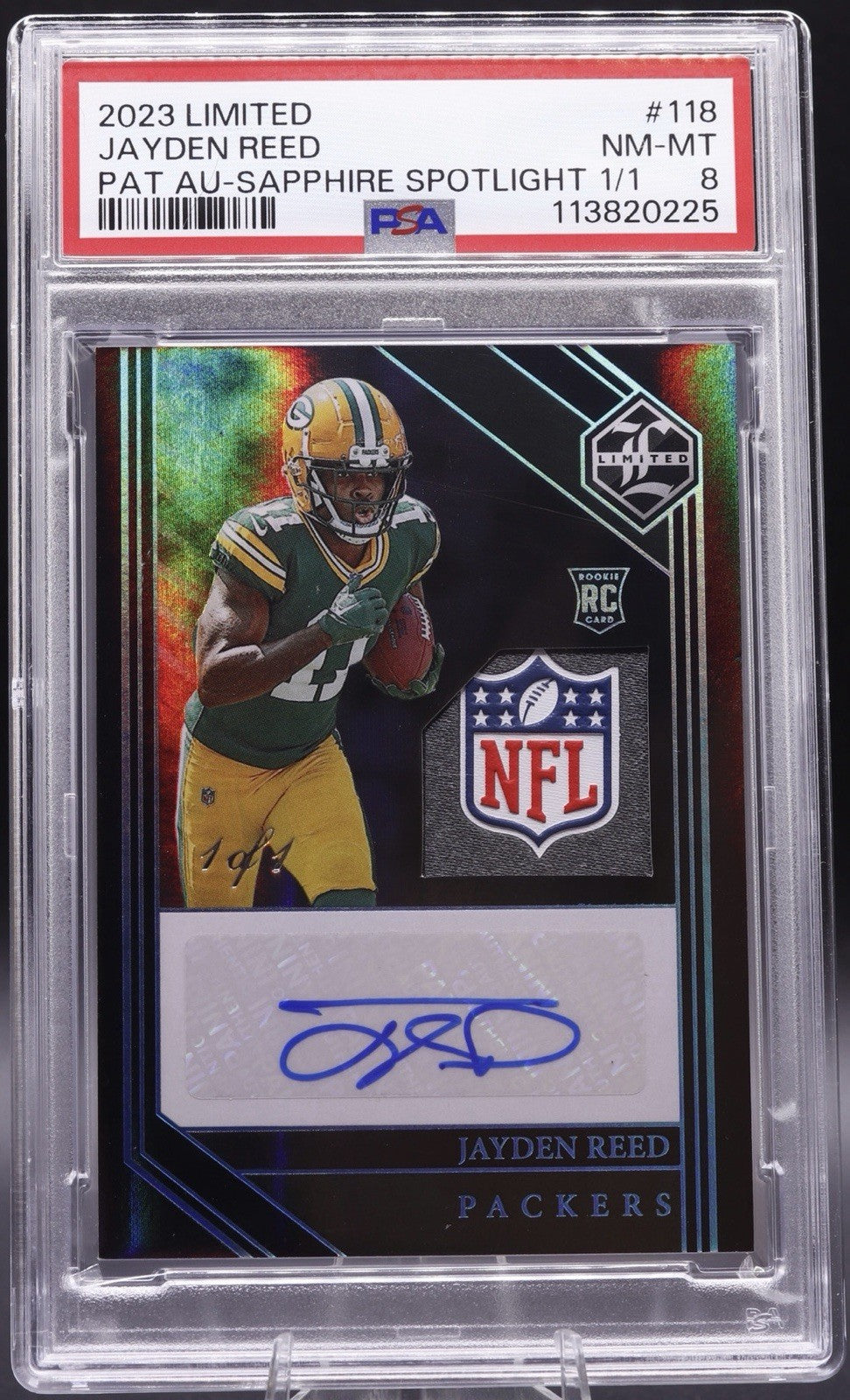 2023 Limited #118 Jayden Reed Packers RC Sapphire PSA 8 1/1 Auto Patch Rookie
