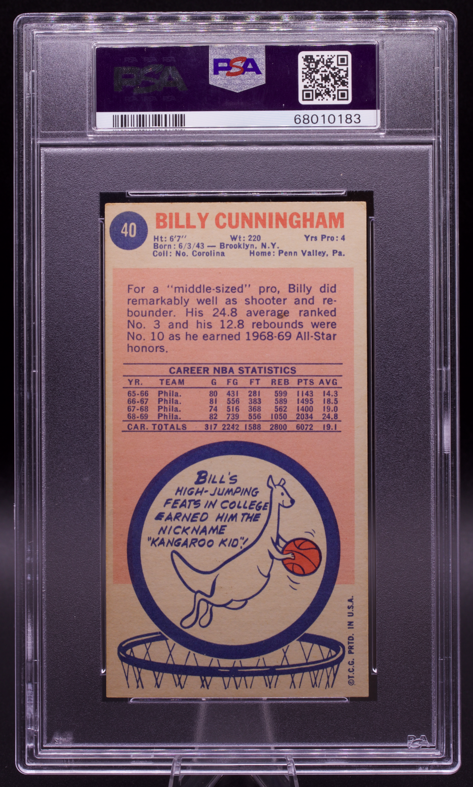 1969 Topps Signed Billy Cunningham #40 PSA Authentic AUTO 10 76ers Tallboy