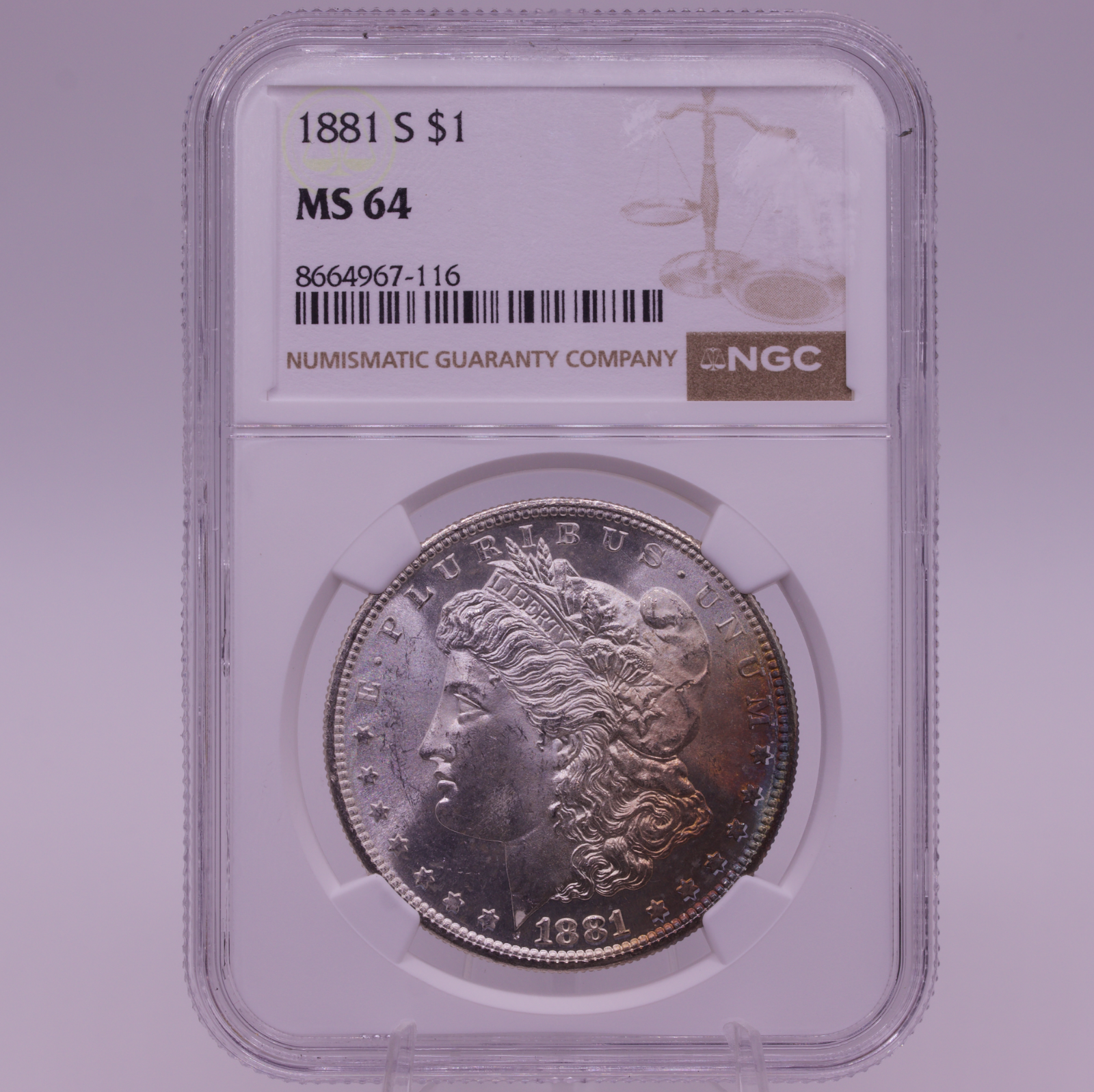 1881-S Morgan Dollar NGC MS64 Blast White Obverse Rainbow Rim Reverse Toned