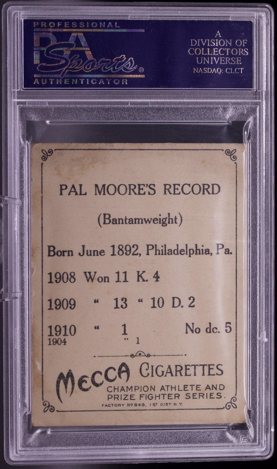 1910 T220 Mecca Silver Border PAL MOORE Boxing PSA 4.5 VG-EX+ - RARE