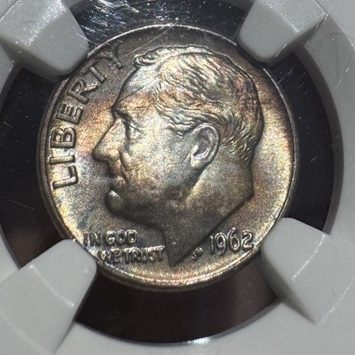 1962-D Roosevelt Dime MS66 NGC • Rainbow Toned Gem • Blue, Rose & Gold Glow
