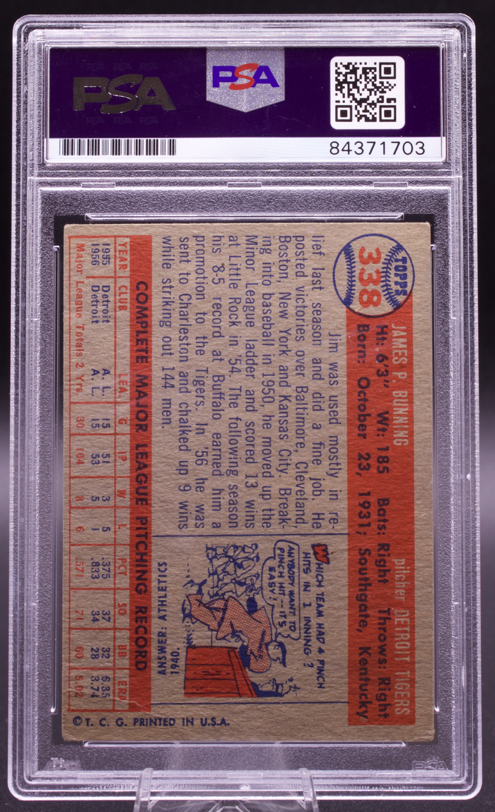 1957 Topps Jim Bunning #338 PSA Authentic Auto Signed Detroit Tigers HOF RC