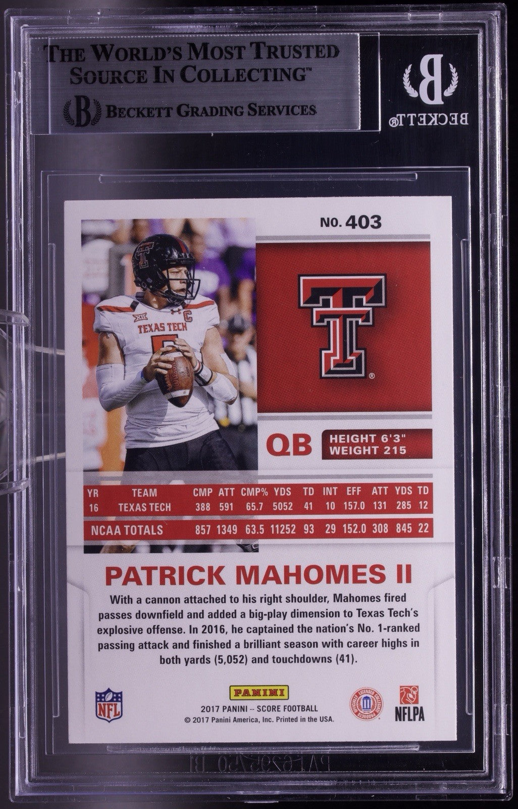 Patrick Mahomes II 2017 Score #403 Rookie RC BGS 7.5 NM+ Chiefs Texas Tech QB