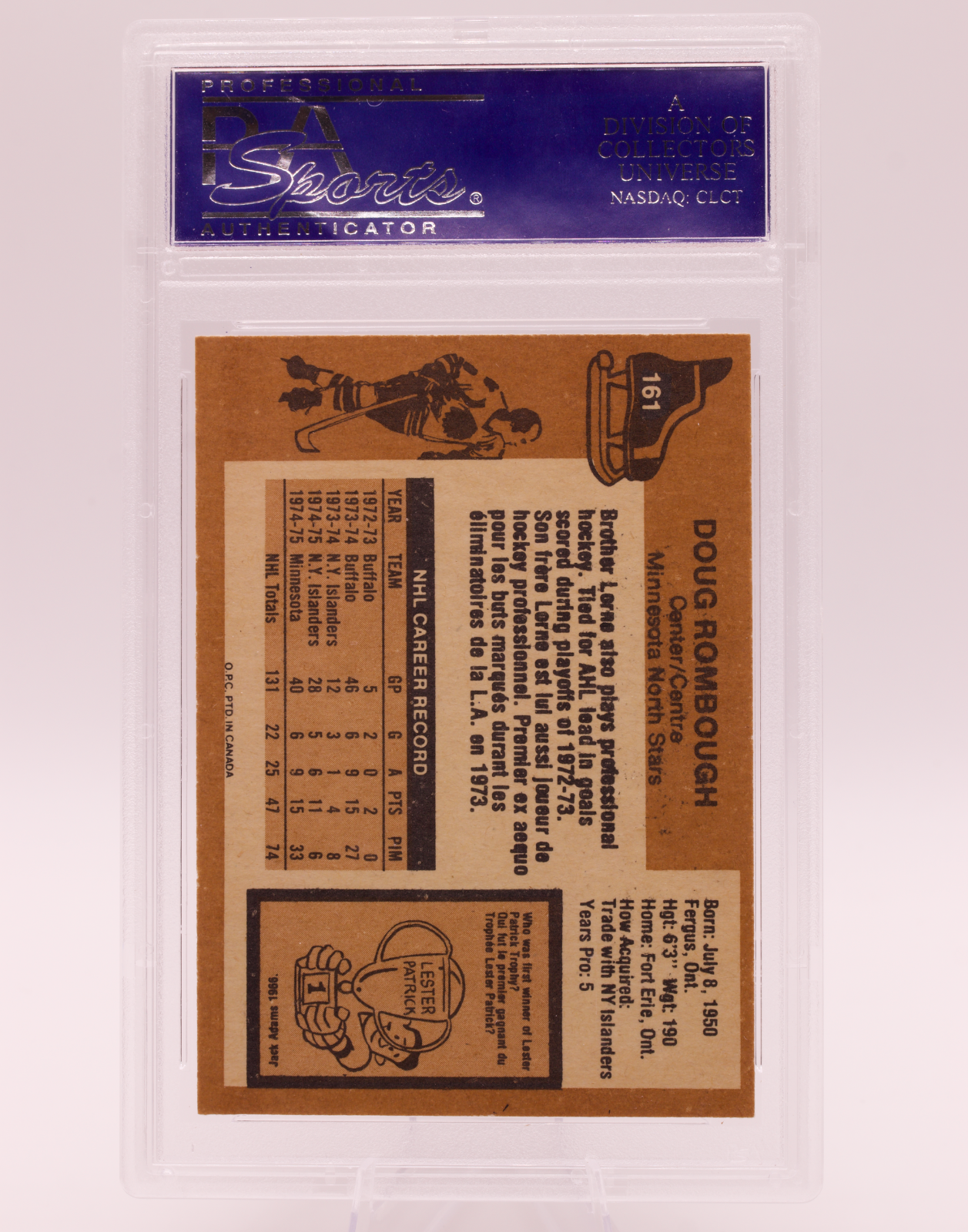 1975 O-Pee-Chee #161 Doug Rombough PSA 8 NM-MT Minnesota North Stars Hockey OPC