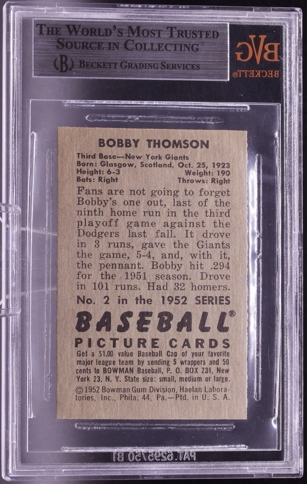 1952 Bowman #2 Bobby Thomson BVG 8.5 NM-MT+ High Grade NY Giants Rare