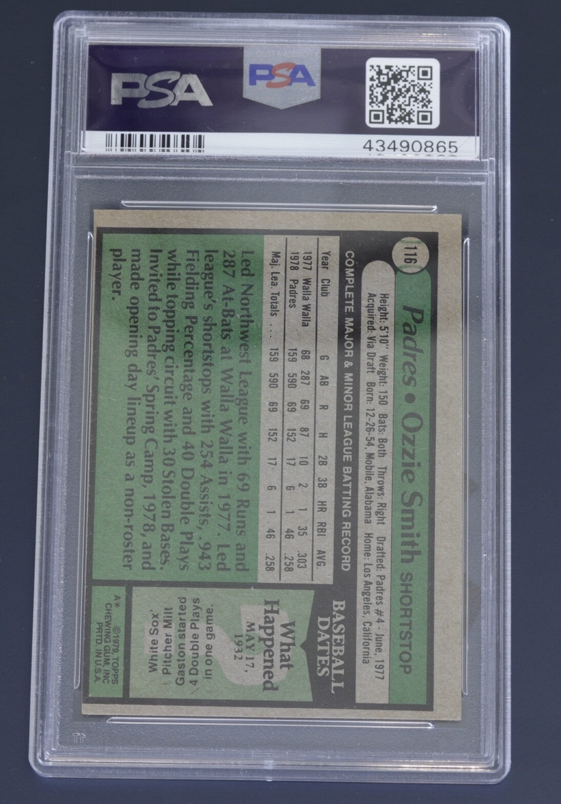 Signed 1979 Topps Ozzie Smith Rookie #116 PSA/DNA Auto 10 HOF **CLEAN**