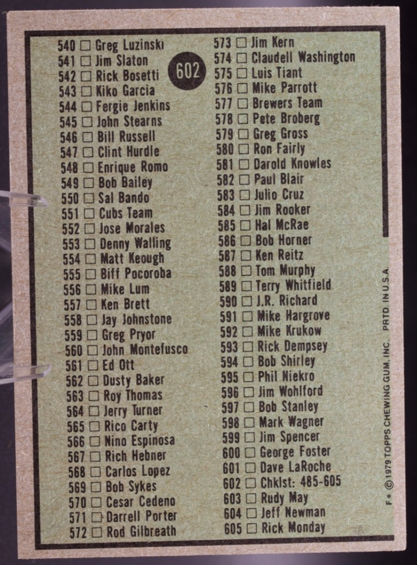 1979 Topps #602 Checklist 485-605 Unmarked Pink Vintage Baseball Card