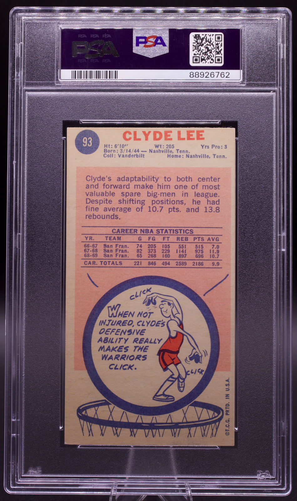 1969 Topps Clyde Lee #93 PSA Authentic Auto Signed SF Warriors Tallboy Rookie RC