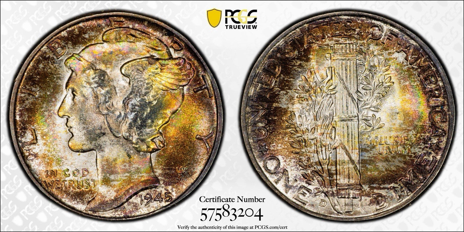 1945-D Mercury Dime 10C Silver PCGS MS67+ FB Full Bands Gem Rainbow Toned
