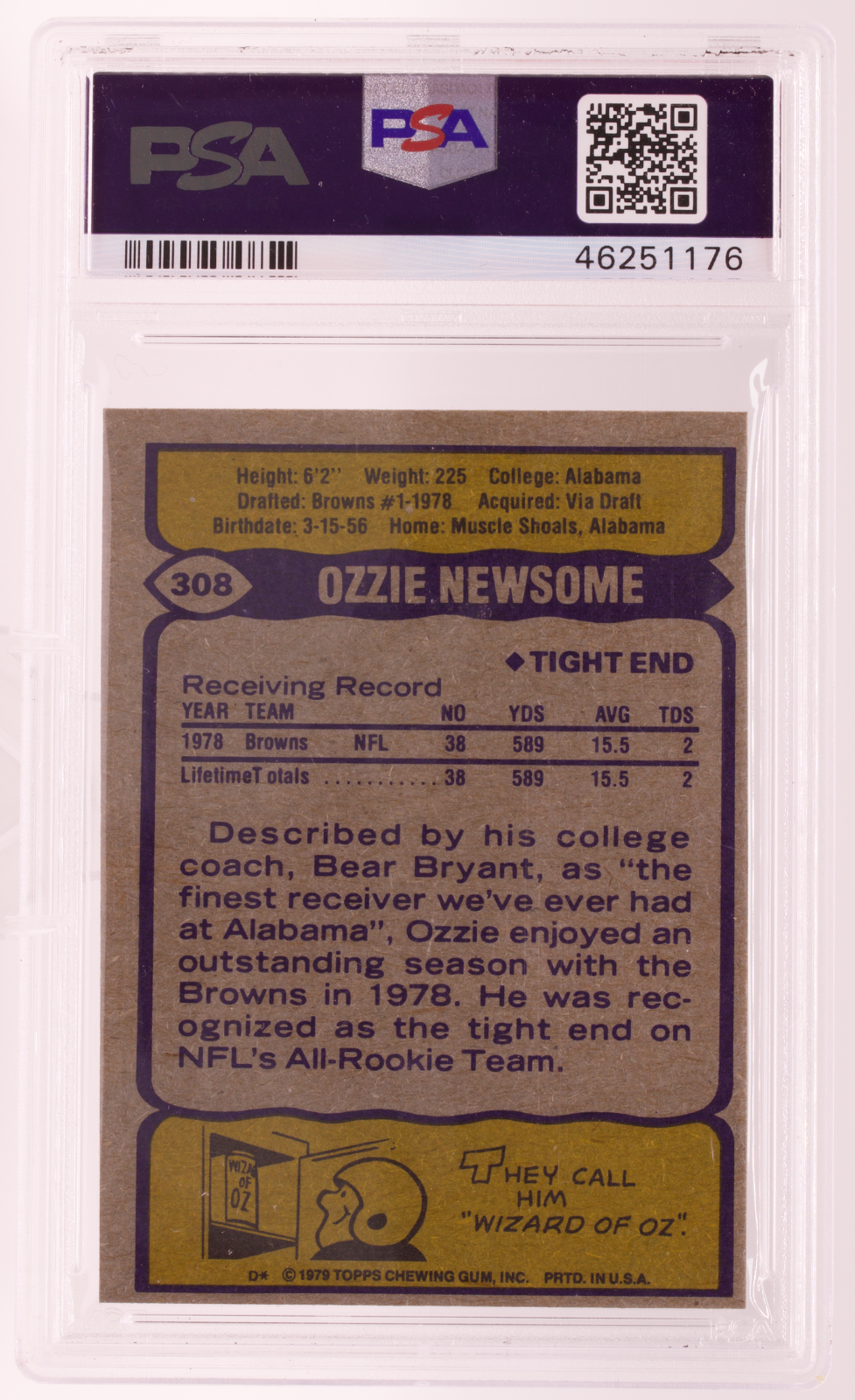 1979 Topps #308 Ozzie Newsome Rookie RC PSA 7 NM Cleveland Browns HOF Alabama