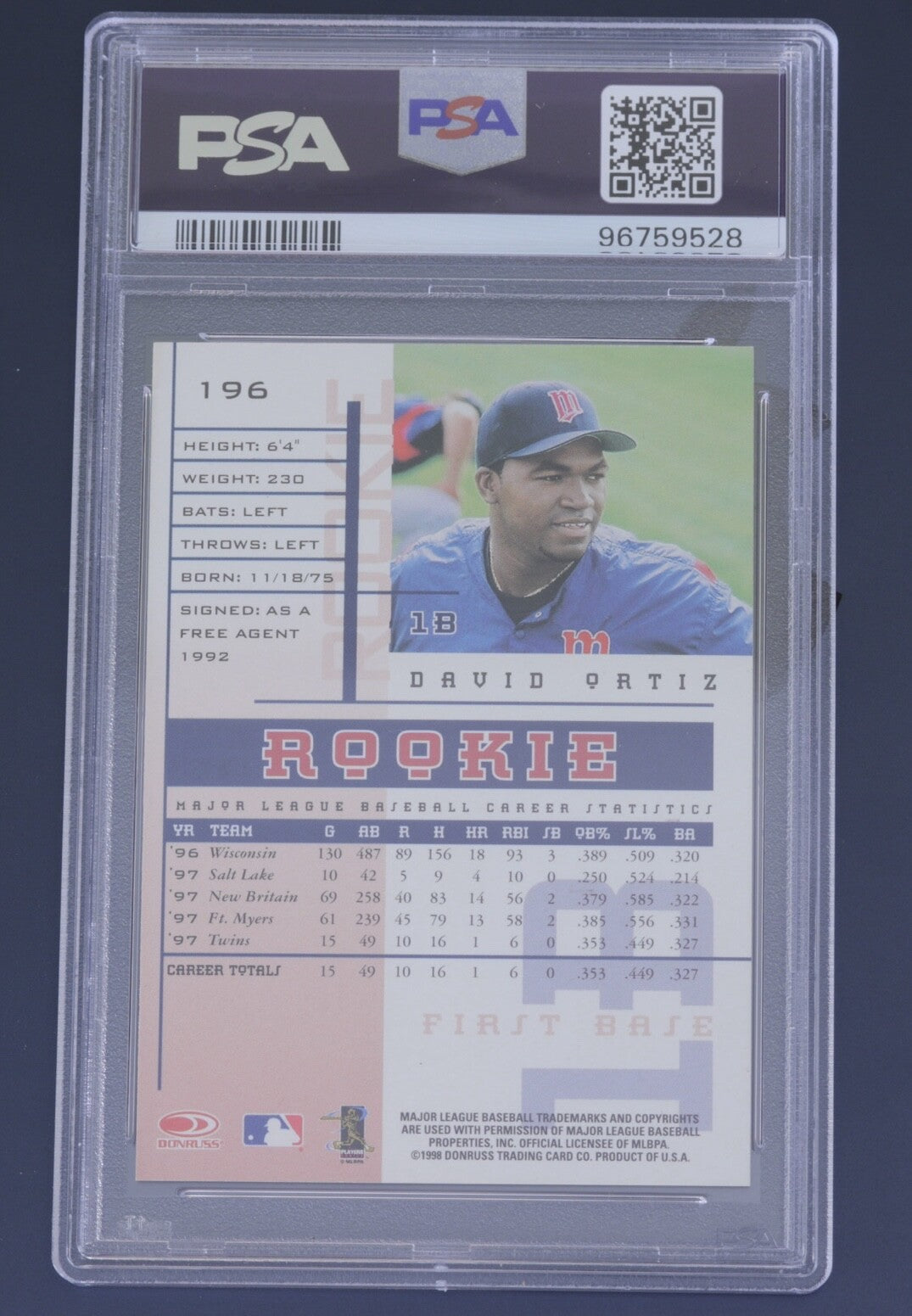 1998 Leaf Rookies & Stars David Ortiz Rookie #196 PSA 10 GEM MT Twins HOF