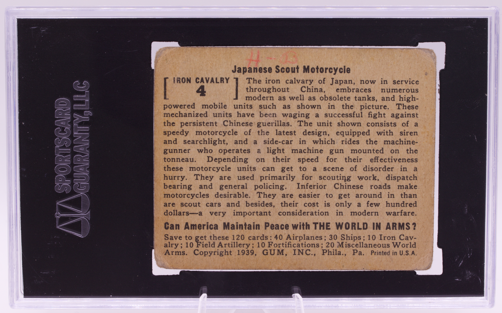 1939 Gum Inc World In Arms #4 Japanese Scout Motorcycle SGC 1.5 Fair WWII Card