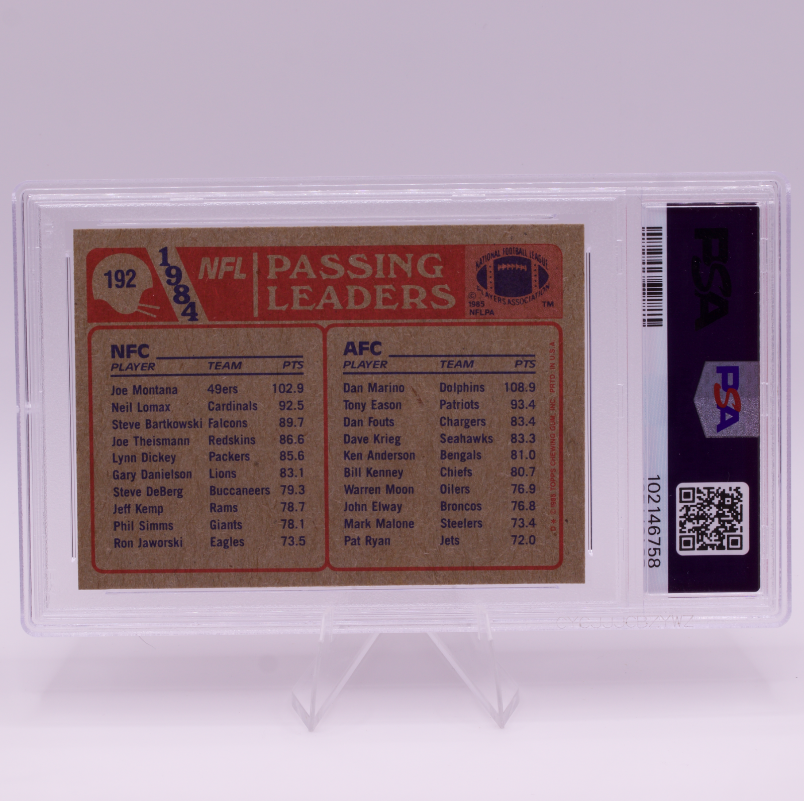 1985 Topps #192 Dan Marino Joe Montana Passing Leaders PSA 8 NM-MT