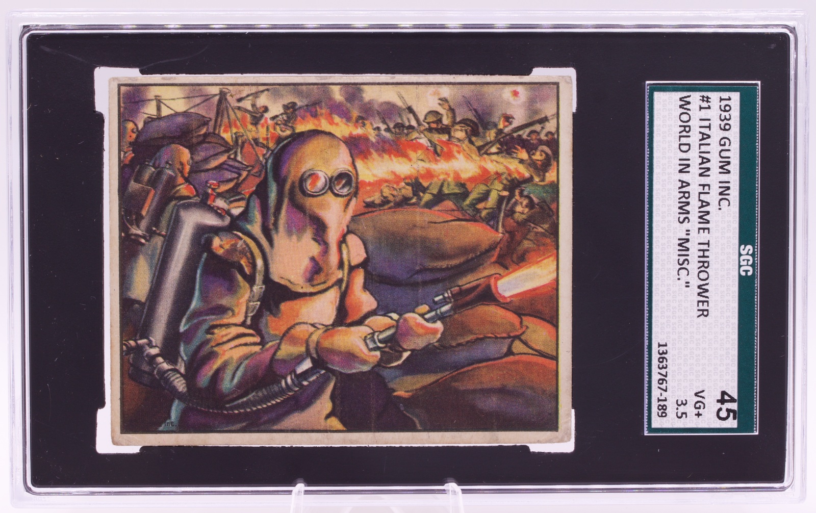 1939 Gum Inc World In Arms #1 Italian Flame Thrower SGC 3.5 VG+ Pre-War WWII