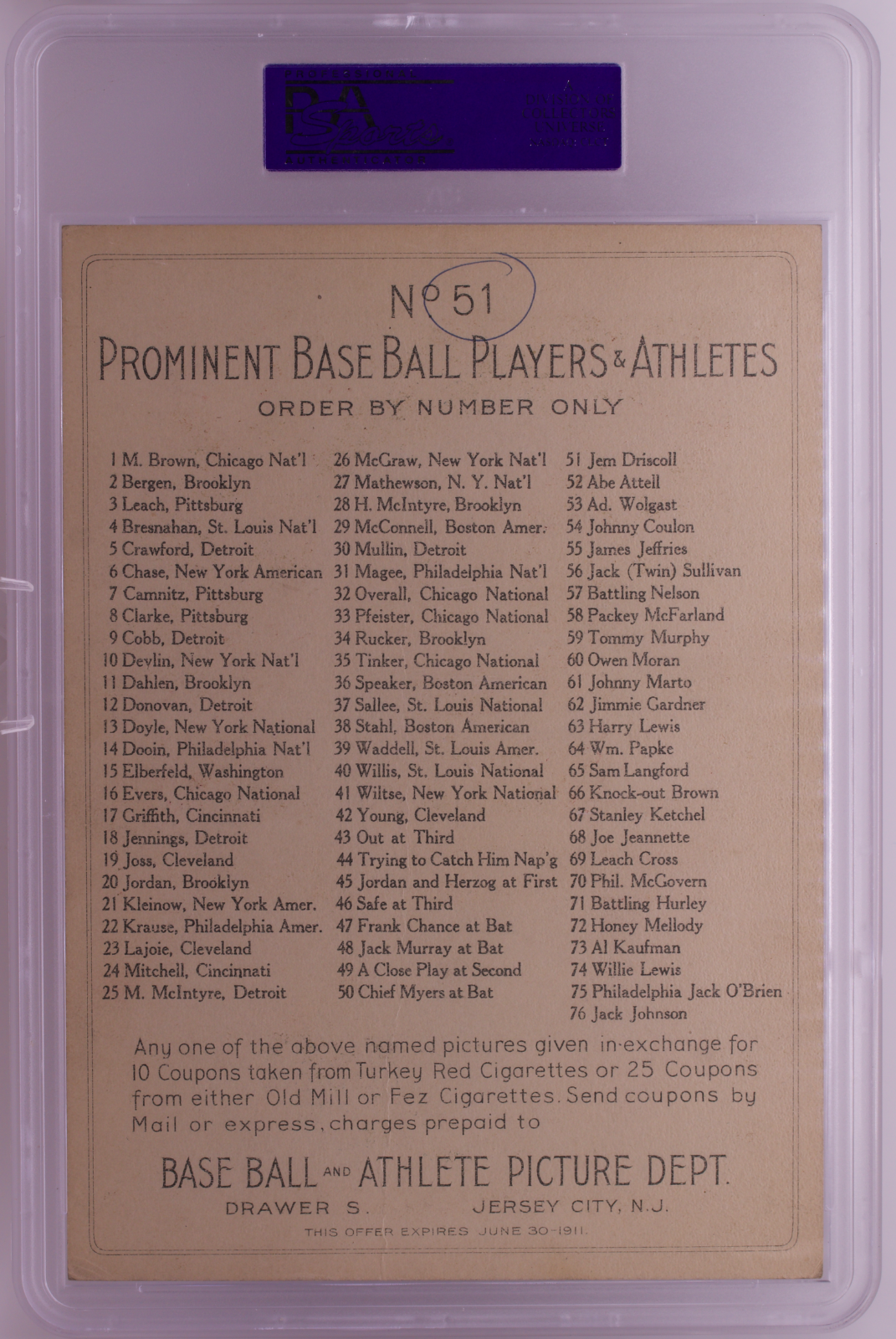 1911 T9 Turkey Red Jem Driscoll PSA 4 (MK) Boxing Cabinet Checklist Back #51