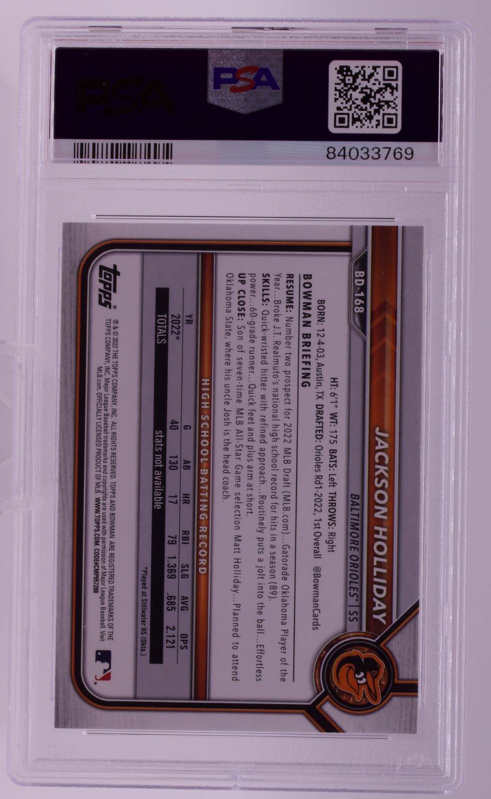 2022 Bowman Draft Jackson Holliday #BD-168 RC 1st Bowman PSA 10 GEM