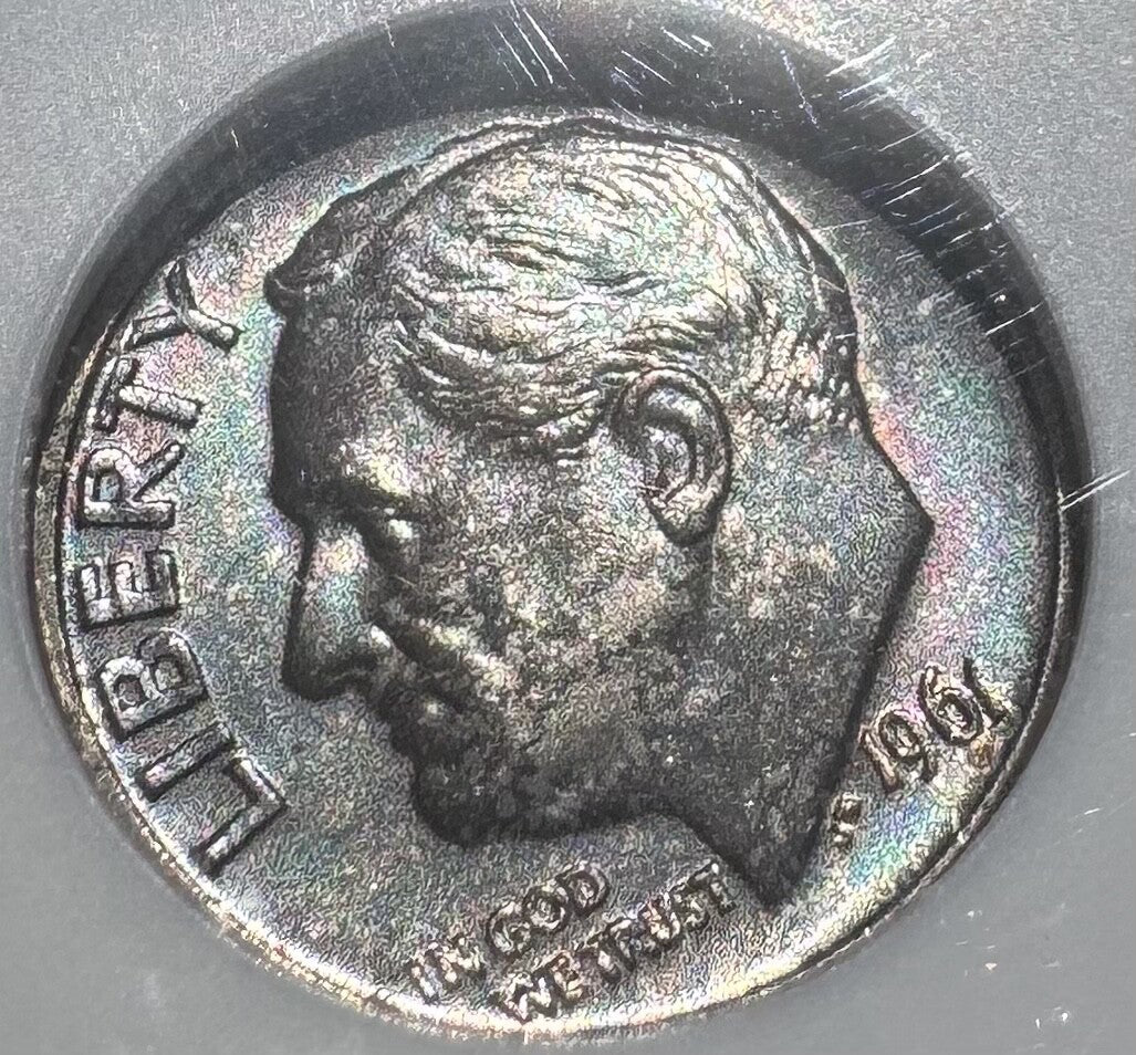 1961-D Roosevelt Dime MS66 NGC • Deep Blue, Red & Purple Toning • Gem BU Silver