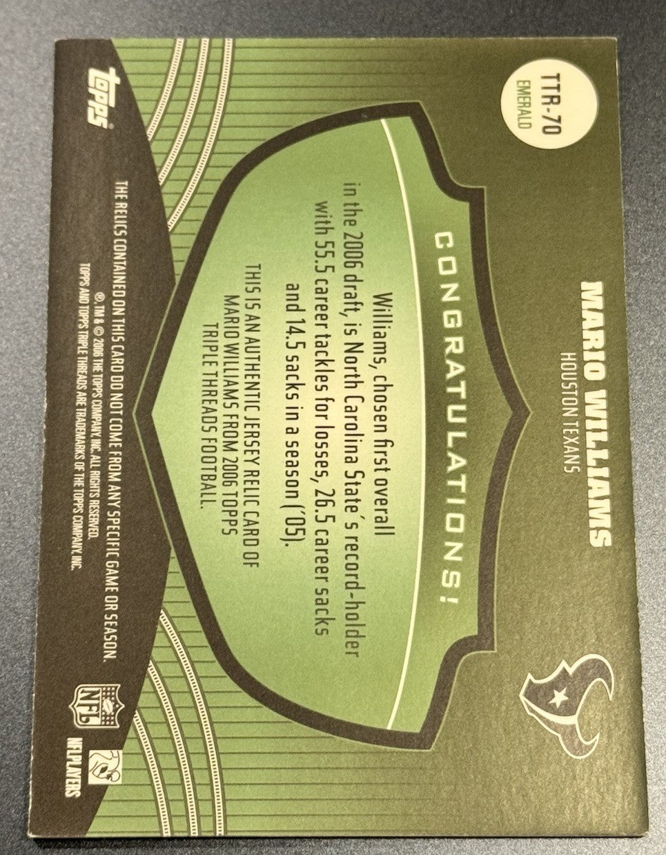 2006 Topps Triple Threads Mario Williams Relic #10/18 Emerald
