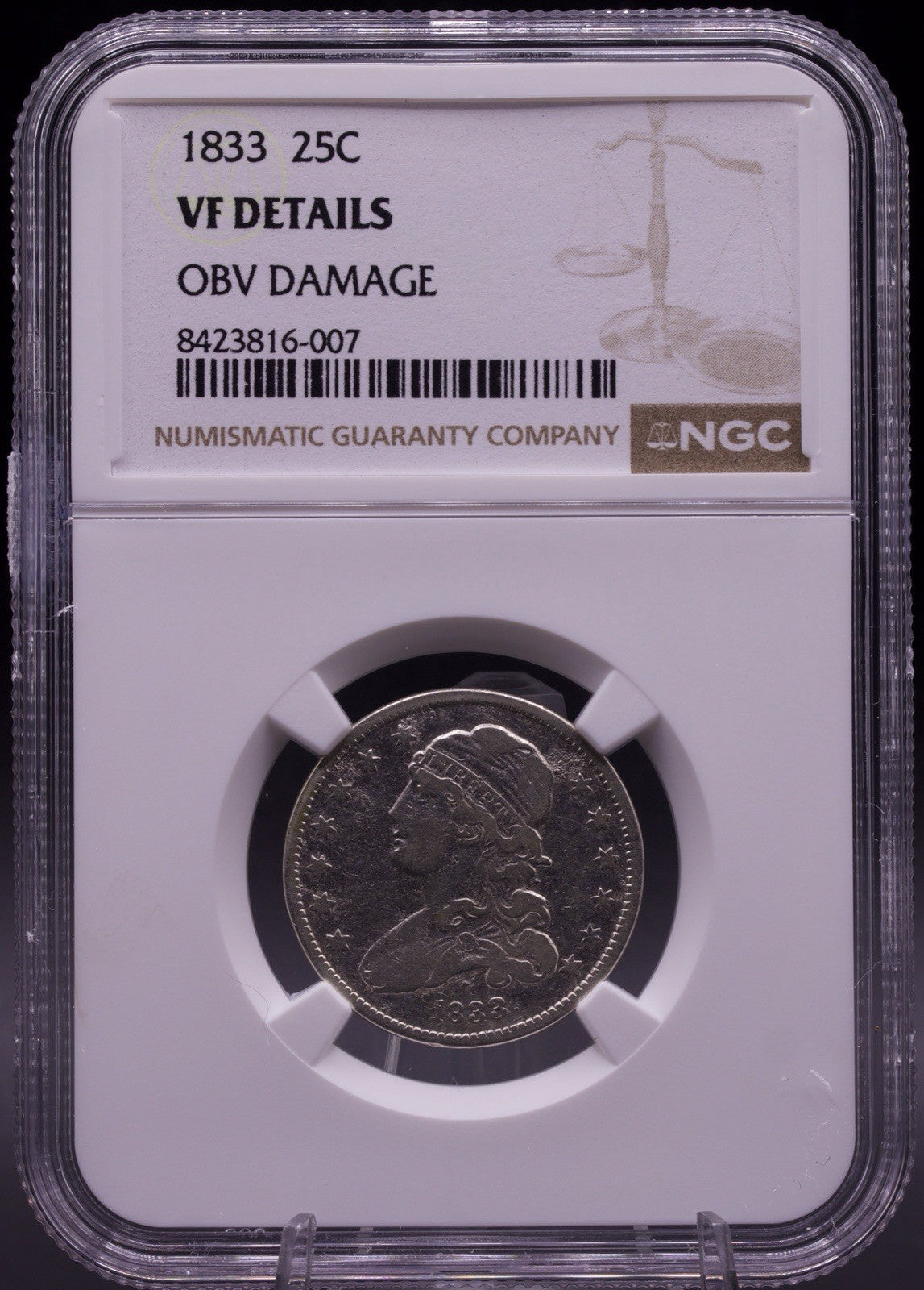 1833 Capped Bust Quarter 25C NGC VF Details Obverse Damage Silver Coin