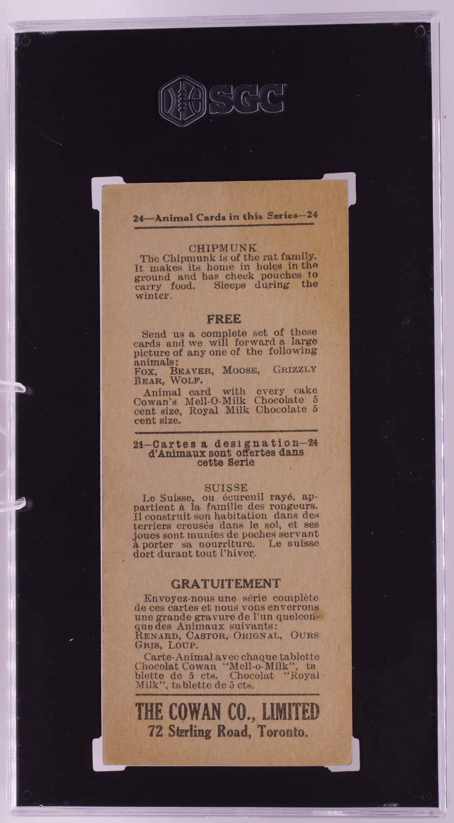1920 Cowan Co V2 Animal Cards #2 Chipmunk SGC 1.5 FR Canadian Chocolate