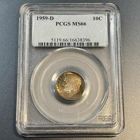 1959-D Roosevelt Dime PCGS MS66 • Deep Rainbow Toning • Toned 10C Coin