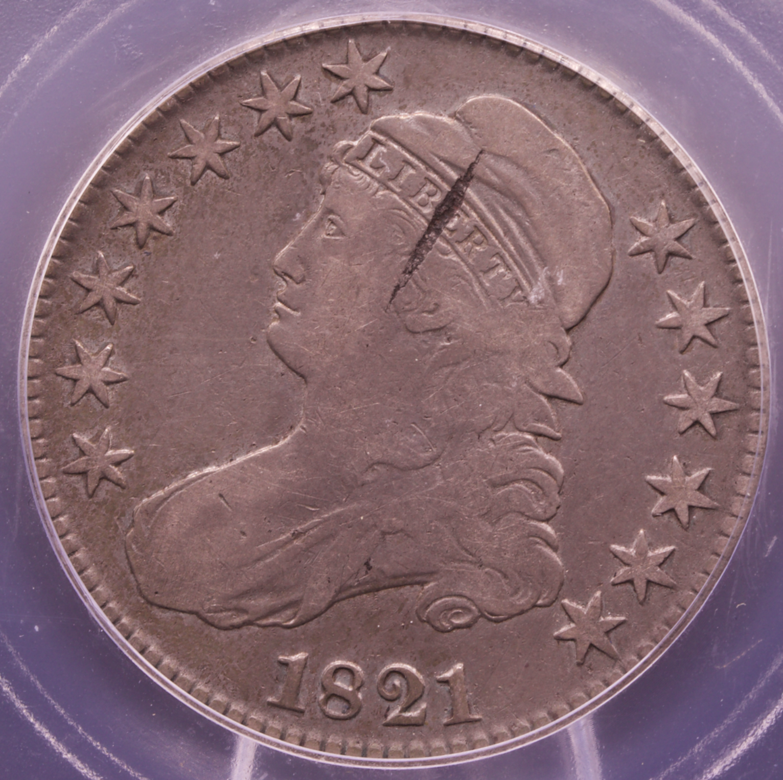 1821 Capped Bust Half Dollar 50C Dramatic Planchet Flaw Mint Error ICG Fine 15
