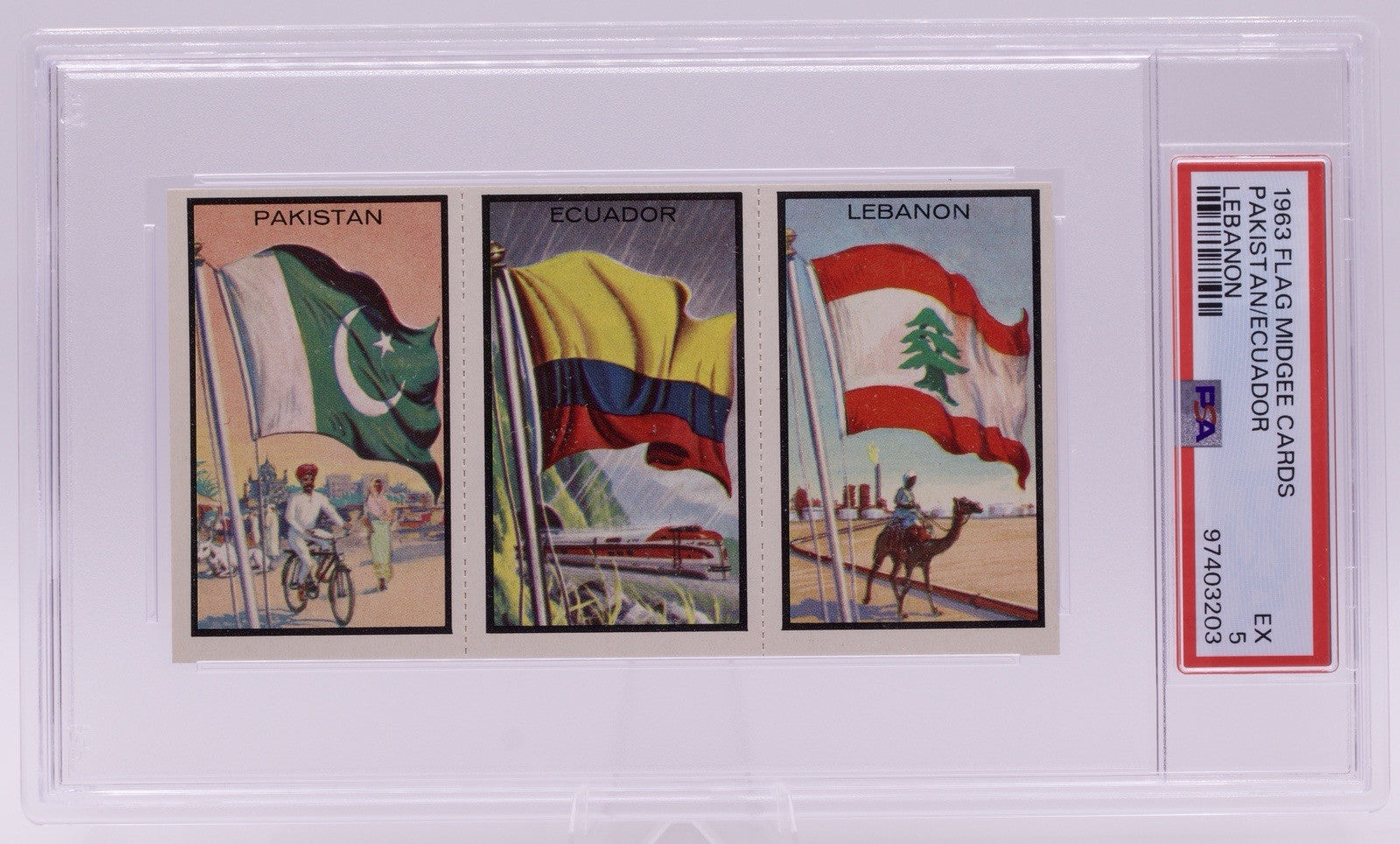 1963 Flag Midgee Cards Pakistan Ecuador Lebanon PSA EX 5 Vintage Uncut Strip