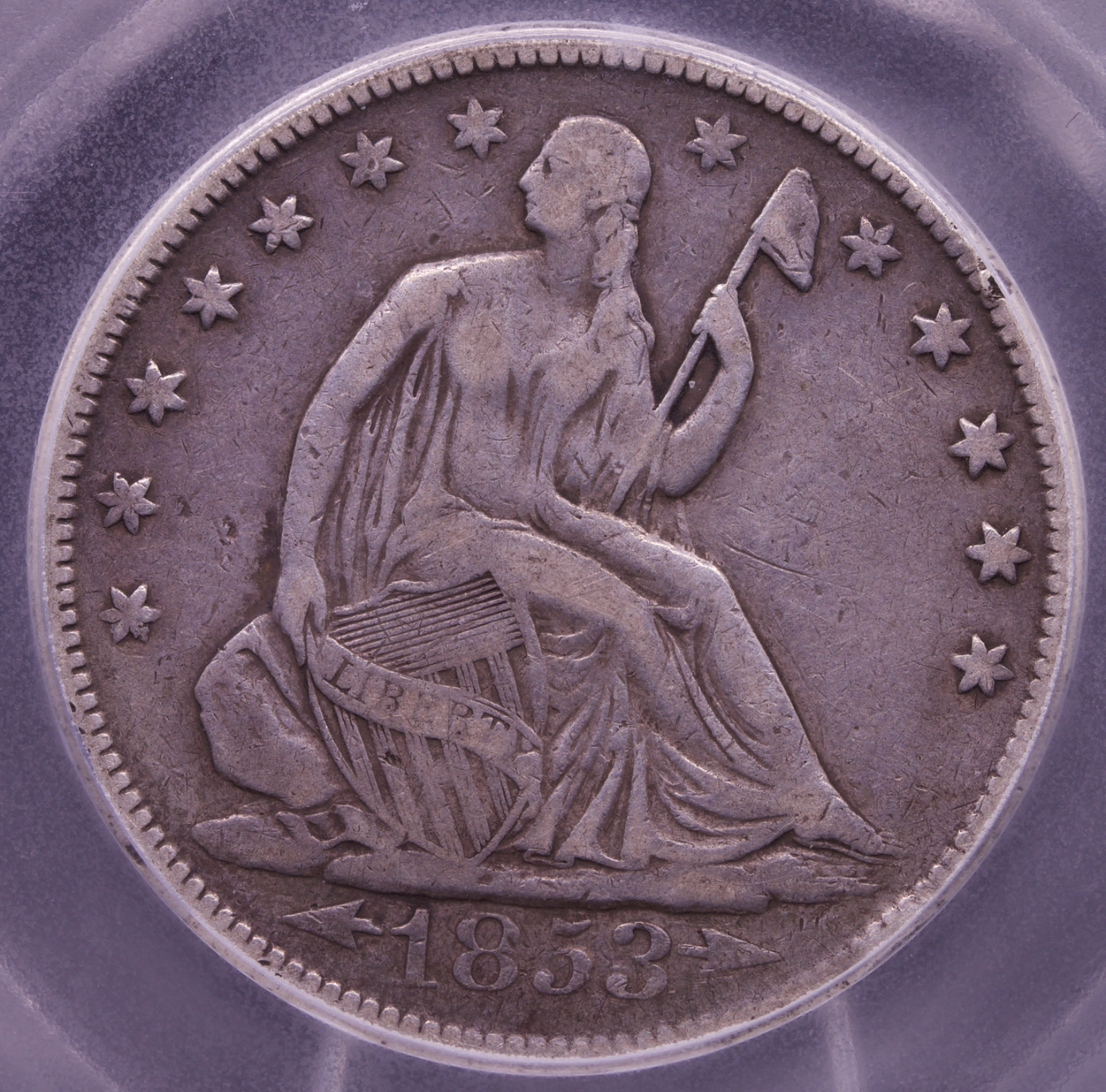 1853 Arrows & Rays Seated Liberty Half Dollar ICG VF25 50C