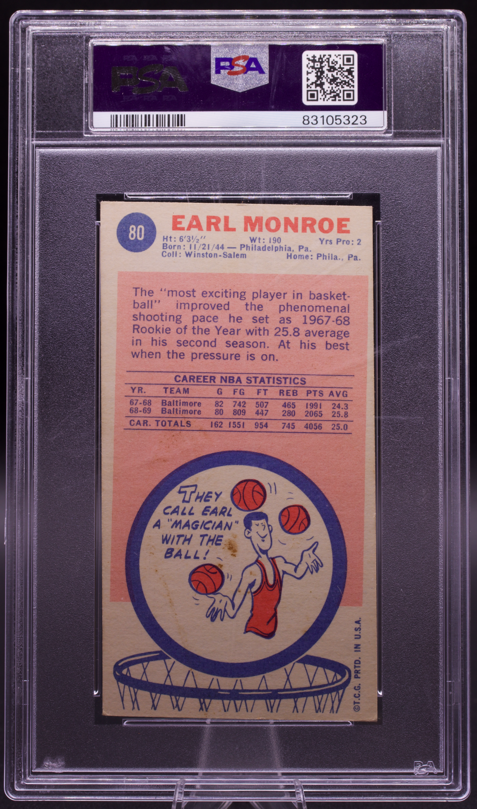 1969 Topps Earl Monroe #80 PSA Authentic Auto Signed Inscribed Baltimore HOF