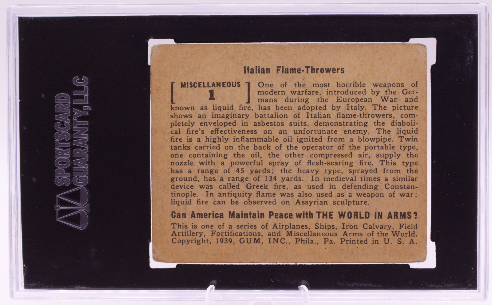 1939 Gum Inc World In Arms #1 Italian Flame Thrower SGC 3 VG Pre-War WWII
