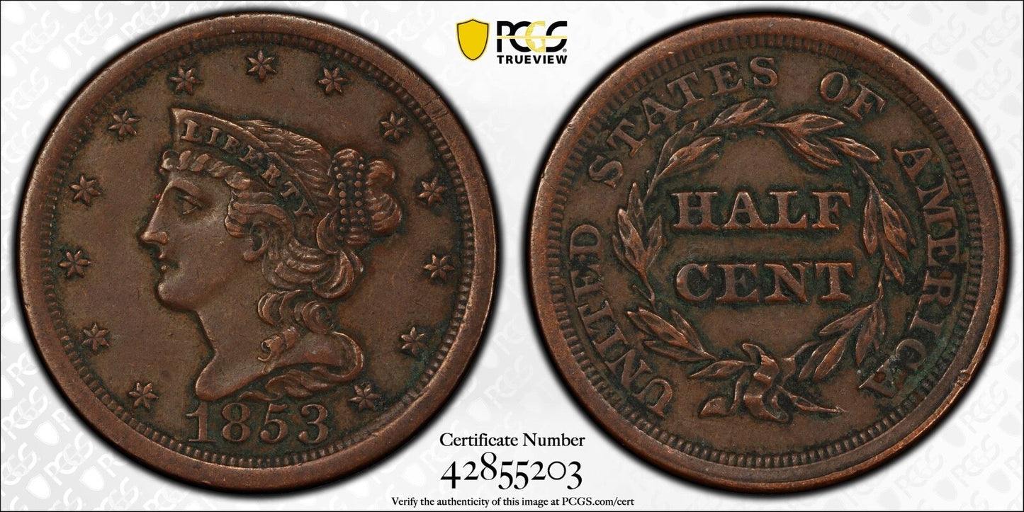 1853 Braided Hair Half Cent PCGS Genuine XF Details • Sharp LIBERTY & Bold Date