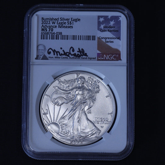 2022-W Burnished Silver Eagle NGC MS70 • Advanced Releases • Mike Castle Signed