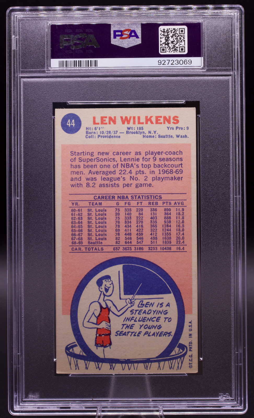1969 Topps Lenny Wilkens #44 PSA 4 AUTO 10 Signed Seattle Sonics Tallboy HOF