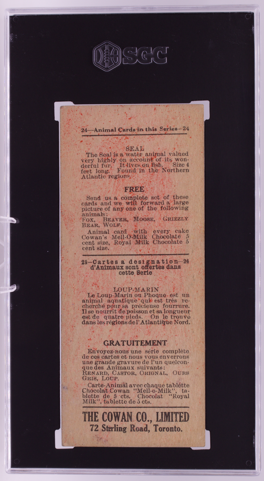 1920 Cowan Co V2 Animal Cards #20 Seal SGC 2 GD Canadian Chocolate